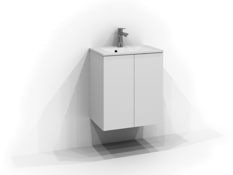 Poem servantskap, 50 cm bredt, veggmontert, i hvit med to dører uten håndtak. Hvit porselensservant med krom ettgrepsarmatur montert i midten av servanten.