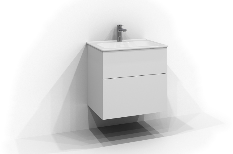 Poem servantskap, 60 cm bredt, veggmontert, i hvit med to skuffer uten håndtak. Hvit porselensservant med krom ettgrepsarmatur montert i midten av servanten.