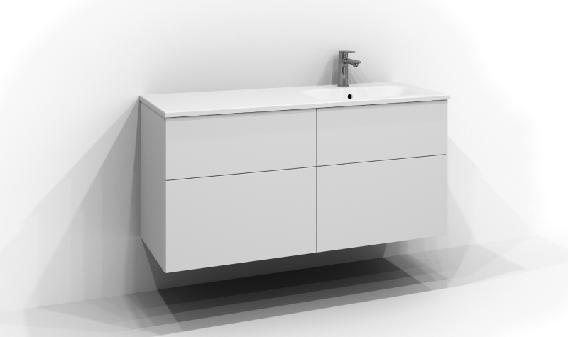 Poem servantskap, 120 cm bredt, veggmontert, i hvit med fire skuffer uten håndtak. Hvit servant i mineral kompositt med kum til høyre og krom ettgrepsarmatur montert på høyre side av servanten.