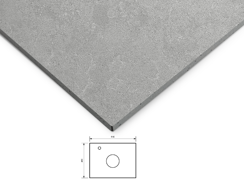 Glimmer benkeplate 60 cm i en diskret gråtone. Servant plassert i midten av benkeplaten, krom ettgrepsarmatur til venstre for servanten.