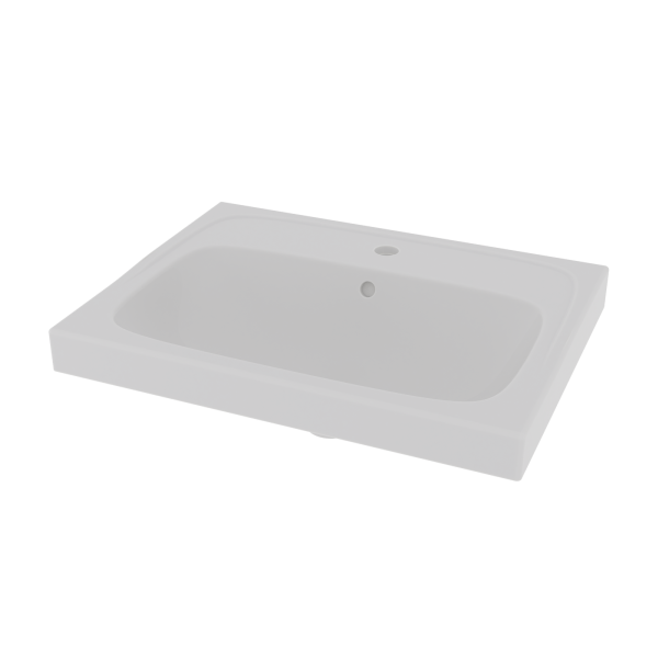 Servant Deep i hvitt porselen, 60x45 cm, med hull til blandebatteri og overløp. Skrått ovenfra, gjennomsiktig bakgrunn.