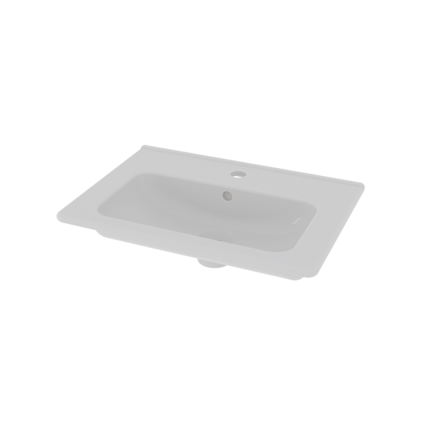 Servant Hav i hvitt porselen, 50x35 cm, med hull til blandebatteri og overløp. Skrått ovenfra, gjennomsiktig bakgrunn.