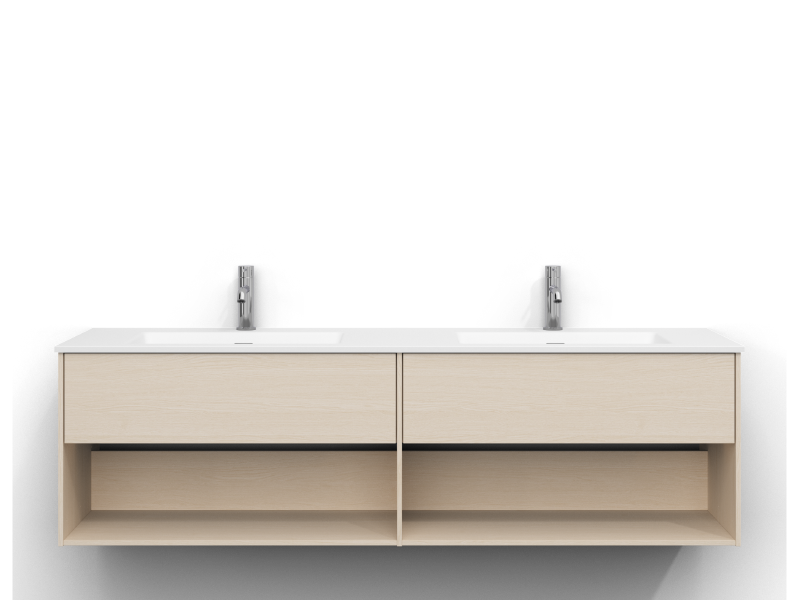 Epos servantskap, 160 cm bredt, veggmontert, i hvit ask med to skuffer og to åpne hyller, uten håndtak. Hvit servant i mineral kompositt med to kummer og krom ettgrepsarmatur montert ved hver kum.