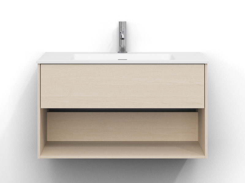 Epos servantskap, 80 cm bredt, veggmontert, i hvit ask med én skuff og én åpen hylle, uten håndtak. Hvit porselensservant med krom ettgrepsarmatur montert i midten av servanten.