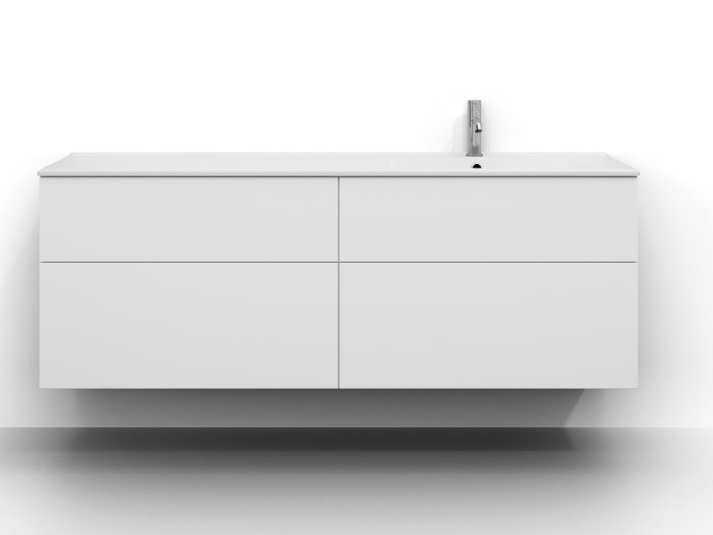 Poem servantskap, 160 cm bredt, veggmontert, i hvit med fire skuffer uten håndtak. Hvit servant i mineral kompositt med kum til høyre og krom ettgrepsarmatur montert på høyre side av servanten.